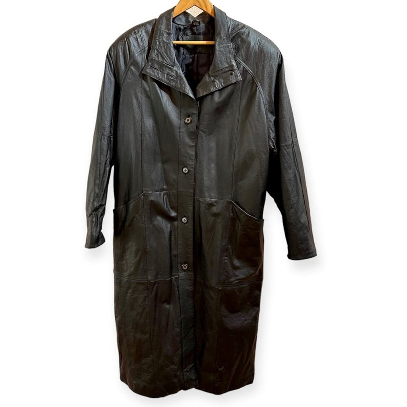 Rare Jacqueline Ferar Napa Leather Long Coat Jacket Black Size Large